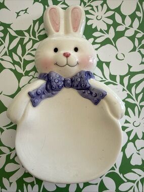 Vintage Hallmark Ceramic Bunny Dish with Purple Bow